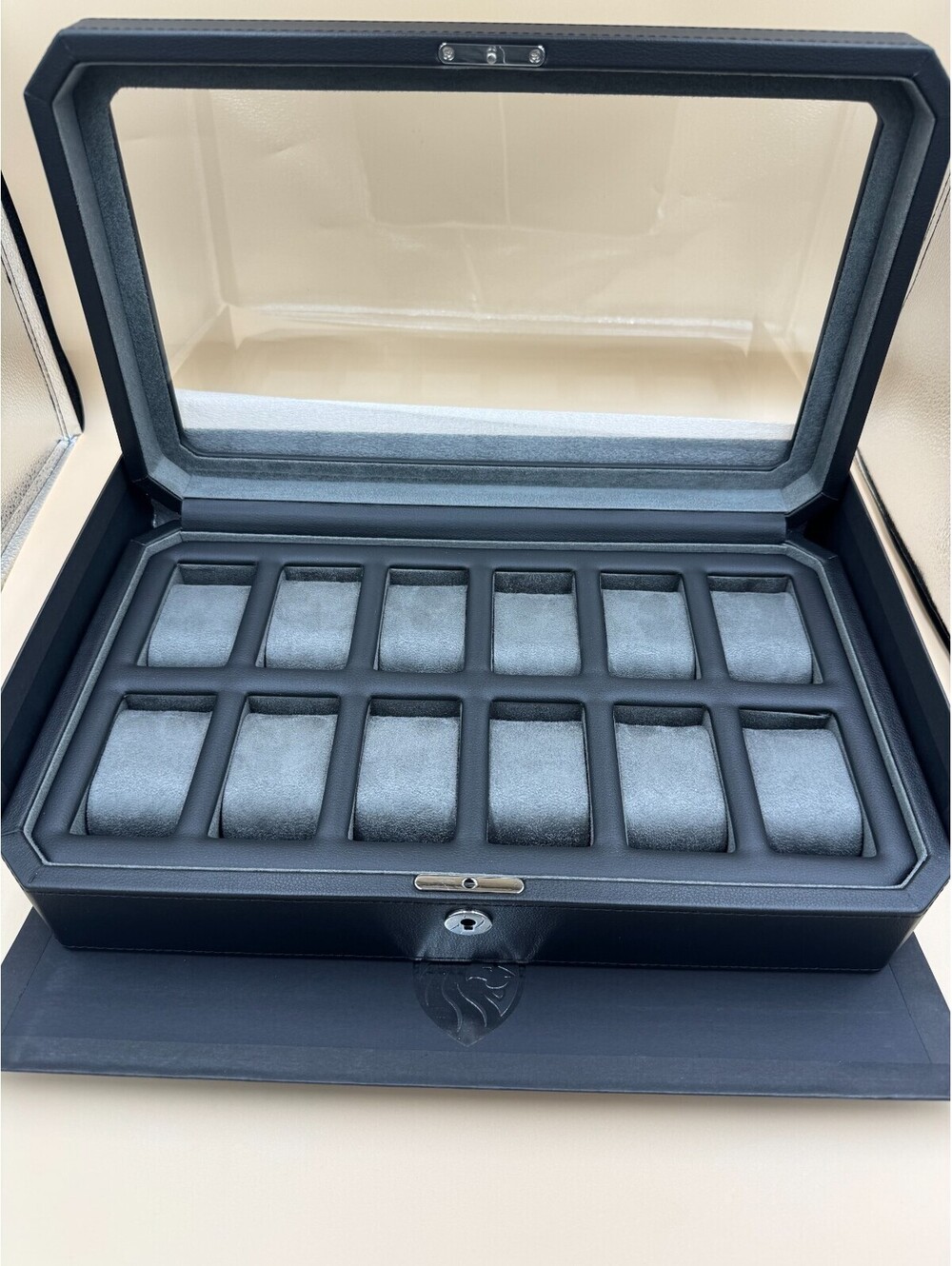 ROTHWELL 12 Slot Watch Box Black / Grey Locking Glass Top Display Case - Near Mi
